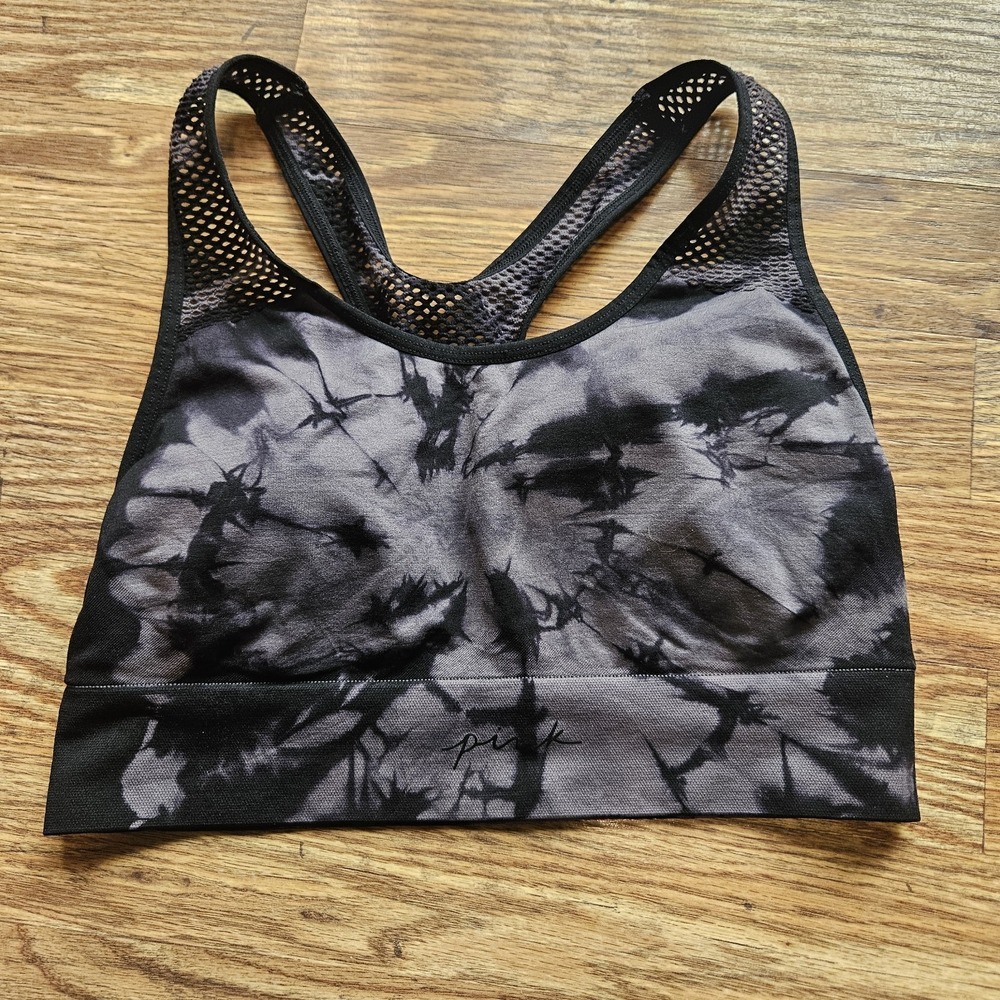 M Victorias Secret PINK Active Seamless Air Sports Bra Black Grey Tie Dye Comfy‎